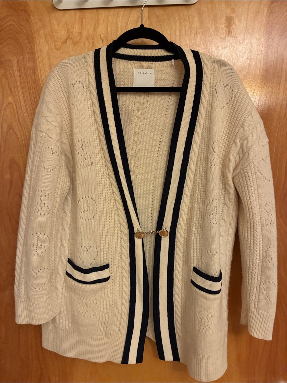 Sandro Cream Cable-Knit Cardigan with Navy Trim
